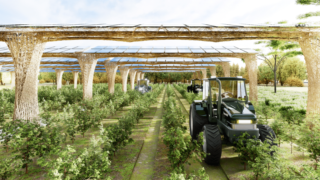 AgroSolar.FibR Agri-PV Anlage mit Traktor auf dem Feld